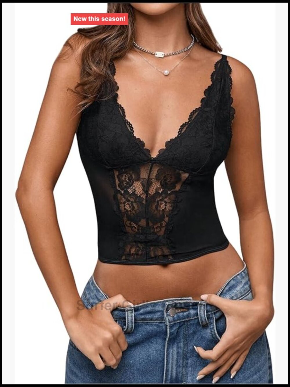 Sheer Mesh Lace Bustier Crop Top Spaghetti Strap V-Neck Cami
